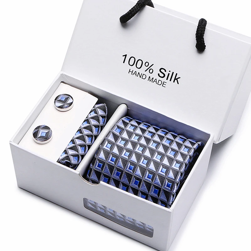 

Custom Brand Men Ties Purple Checked Blue Dots Necktie Sets Cufflinks Hankies with Gift Box Packing for men gift wedding party
