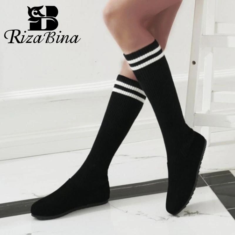 RIZABINA/модные женские сапоги на плоской подошве Теплая обувь в полоску Женские