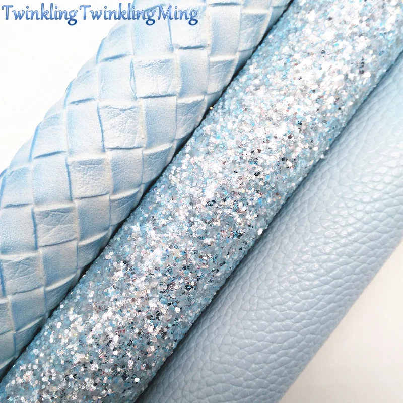 BLUE Glitter Fabirc, Litchi Faux Leather Fabric, Synthetic Leather Fabric Sheets For Bow A4 8"x11"Twinkling Ming XM423
