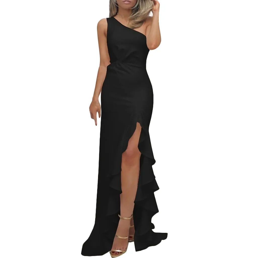 KANCOOLD, женское вечернее платье на одно плечо с рюшами, узкие Макси-платья, белые атласные платья с длинным рукавом для выпускного вечера - Цвет: Черный