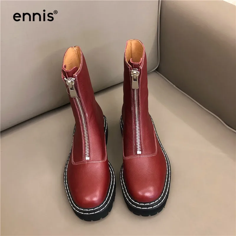 ENNIS/Брендовые женские ботинки на молнии спереди; женская обувь; ботильоны из натуральной кожи; ботинки на платформе; Цвет черный, бежевый, красный; A9236