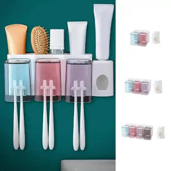

Toothbrush Holder Automatic Toothpaste Dispenser With Cup Wall Mount Toiletries Storage Rack