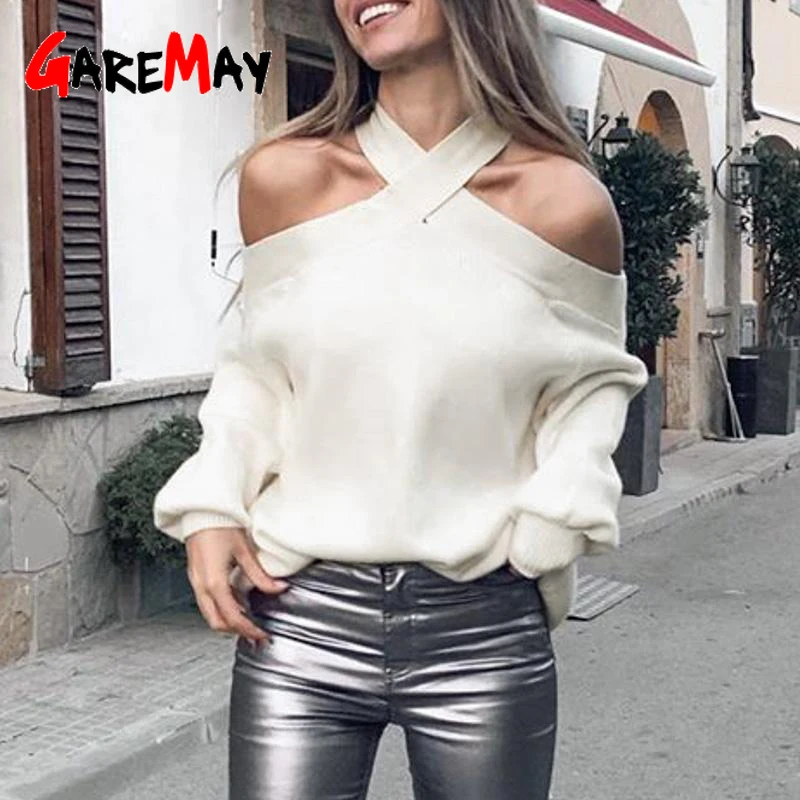Loose Sexy Halter Cold Shoulder Knitted Sweater Women Spring Casual Pullover Jumpers Elegant Pull Femmel Sweaters 2020 | Женская одежда
