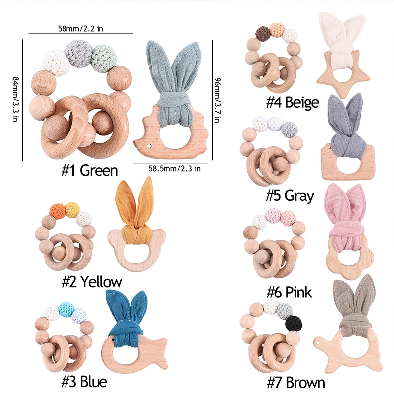 1 комплект, детское деревянное зубное кольцо для ребенка, браслеты с буковым грызуном, подвеска с животными, хлопковые нагрудники, игрушки, деревянные пустые детские товары, погремушка, игрушка