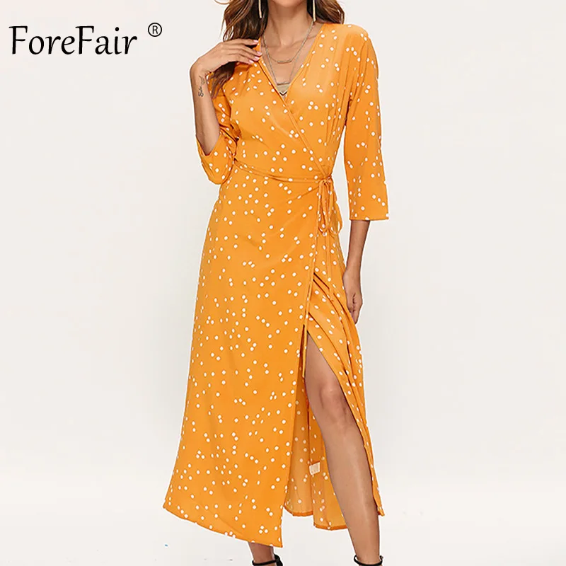 Forefair размера плюс, с разрезом, в горошек, сексуальное, макси платье для женщин, осень, половина рукава, темно-синий, черный, желтый, шифон, обёрточная бумага, Повседневное платье для женщин - Цвет: Orange Dress