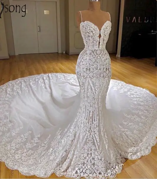 Vestido de noiva кружевное свадебное платье русалки на тонких бретелях Роскошные подвенечные Свадебные платья со шлейфом на заказ Robe de mariee - Цвет: Белый