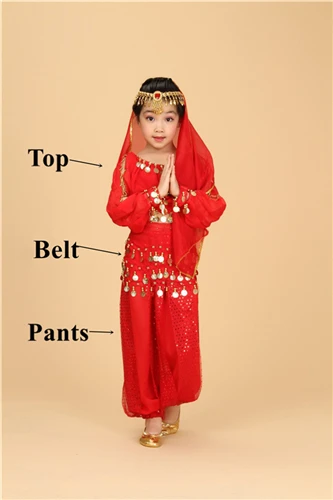 Red 3pcs Костюм для танца живота с длинными рукавами, детский индийский костюм для танца живота, одежда для сцены, танцевальные костюмы для девочек - Цвет: Red 3pcs