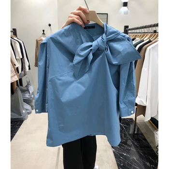 

Women Half Sleeve Blouse Blue Shirt 2020 Spring and Summer New Style Sweet Fashion Bow Shirt Women's Solid Color Loose Shirts