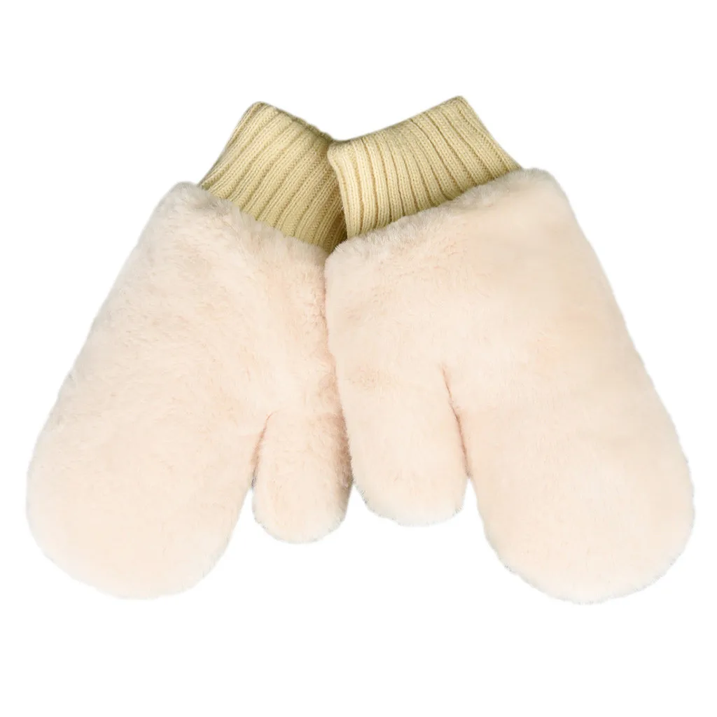 Розовые женские зимние перчатки, одноцветные варежки из кроличьего меха, мягкие теплые женские перчатки, вязаные шерстяные перчатки для девочек T3 - Цвет: Beige