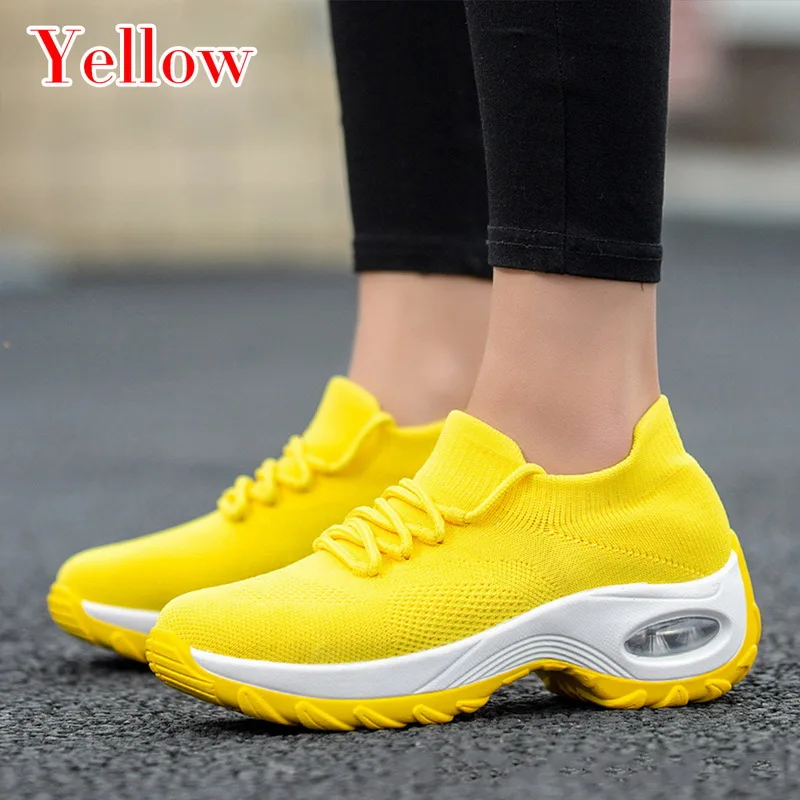 yellow HEFLASHOR/Новые кроссовки на платформе; дышащая повседневная обувь; модная женская обувь, увеличивающая рост; большие размеры 36-42; - Цвет: yellow