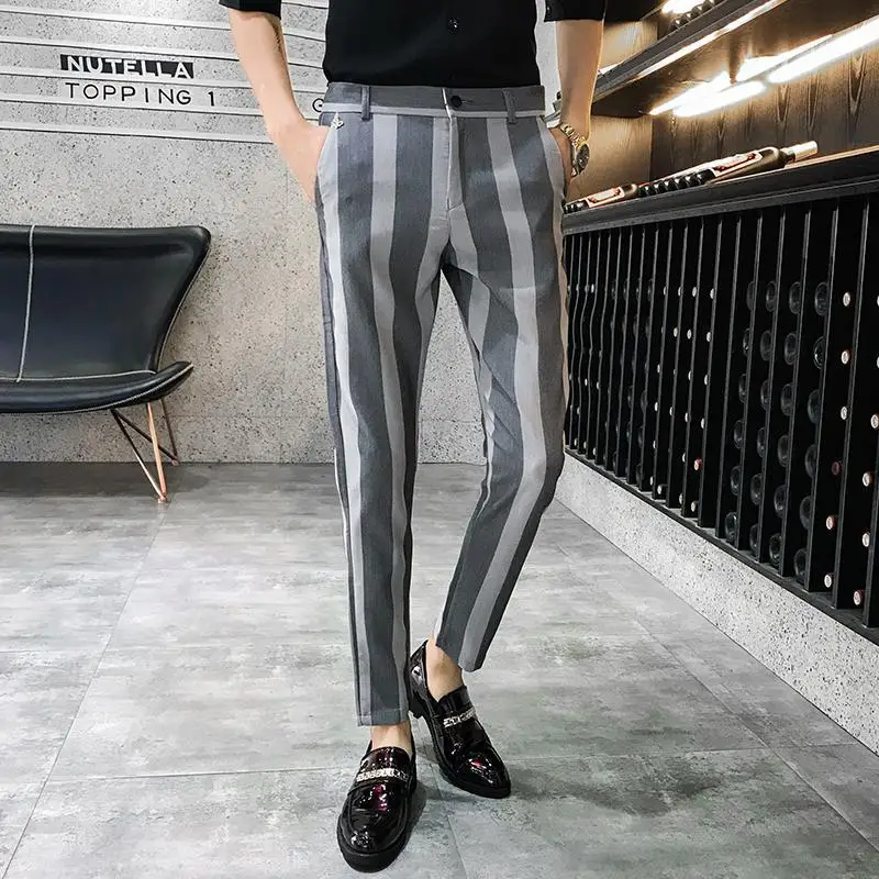 Light Weight Summer Slim Fit Dress Pants Trousers Ankle Length Striped Mens Dress Skinny Pants Streetwear