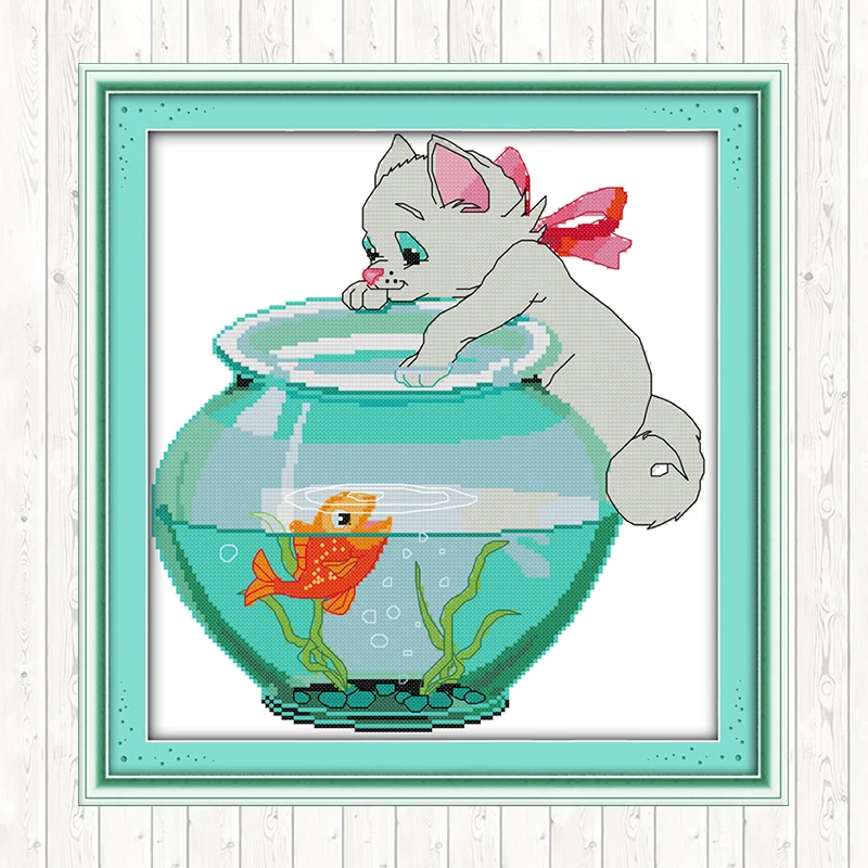 

Cat Aside Fish Jar 14CT 11CT Counted Stamped DMC Cotton Thread Printed Canvas Cross Stitch Embroidery Kits DIY Needlework Crafts