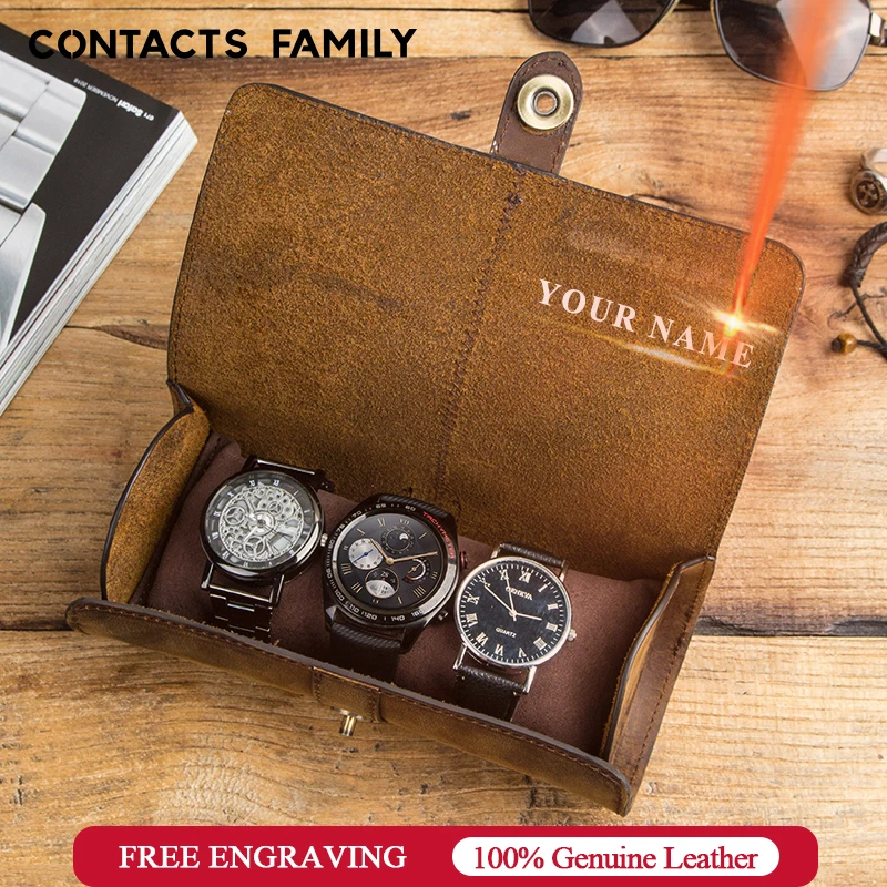 

CONTACT'S FAMILY 3 Slot Watch Roll Display Box Retro Cow Leather Travel Watch Case Wrist Jewelry Storage Pouch Organizer Gift