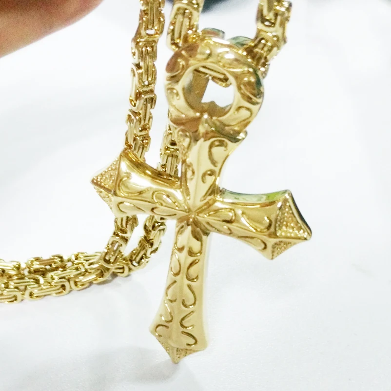 Fashion Cross Pendant Necklace For Men Gold Silver Stainless Steel 5mm Byzantine Necklace Men Hip Hop Jewelry