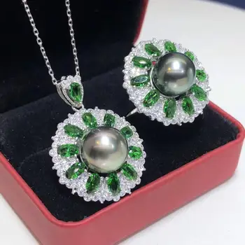 

Fine Jewelry Pure 925 Sterling Silver Natural Ocean Tahiti Black Pearl 9-10mm Female's Jewelry Sets for Women FIne Jewelry Sets