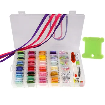

72 Multi-Color Embroidery Floss and Cross Stitch and Ribbons Kit with Organizer Storage Box, for Bracelet Making Beads