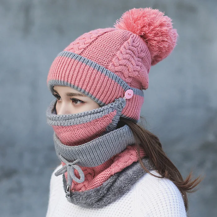3 in 1 Winter Beanie Scarf Mask Set Warm Cap Hat Soft Knit for Women Outdoor JL