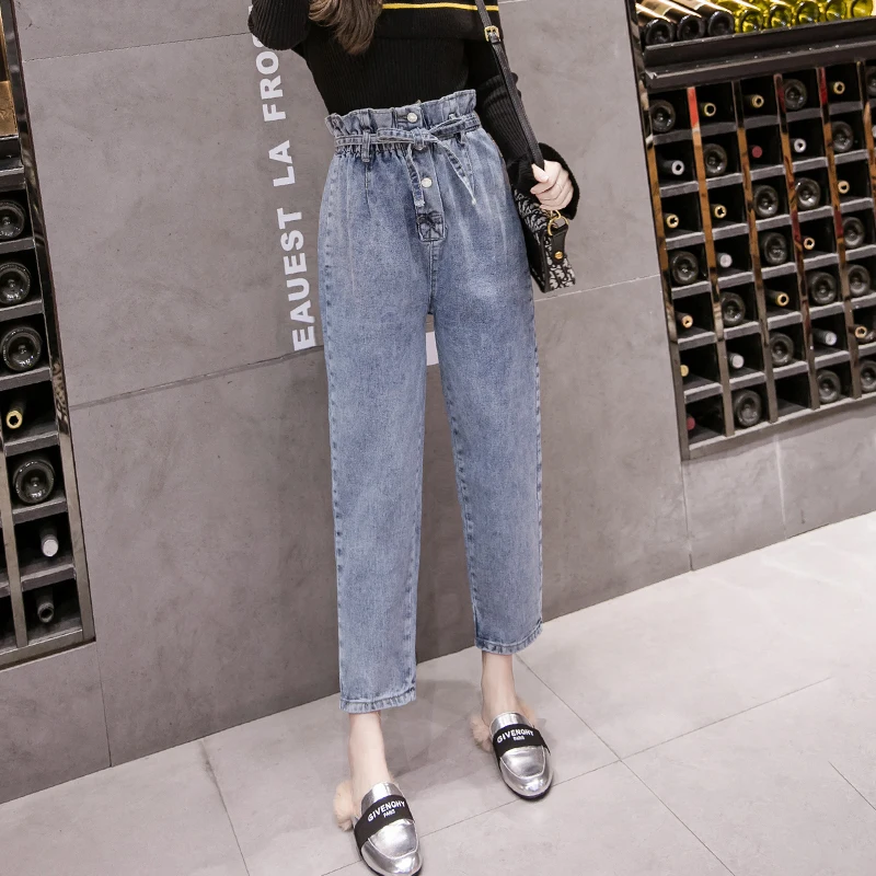 

Real Shot Flower High Waist Jeans Female 2019 New Loose Feet Nine Pants Flowerbed Elastic Waistband Sexy Women Clothing Pants