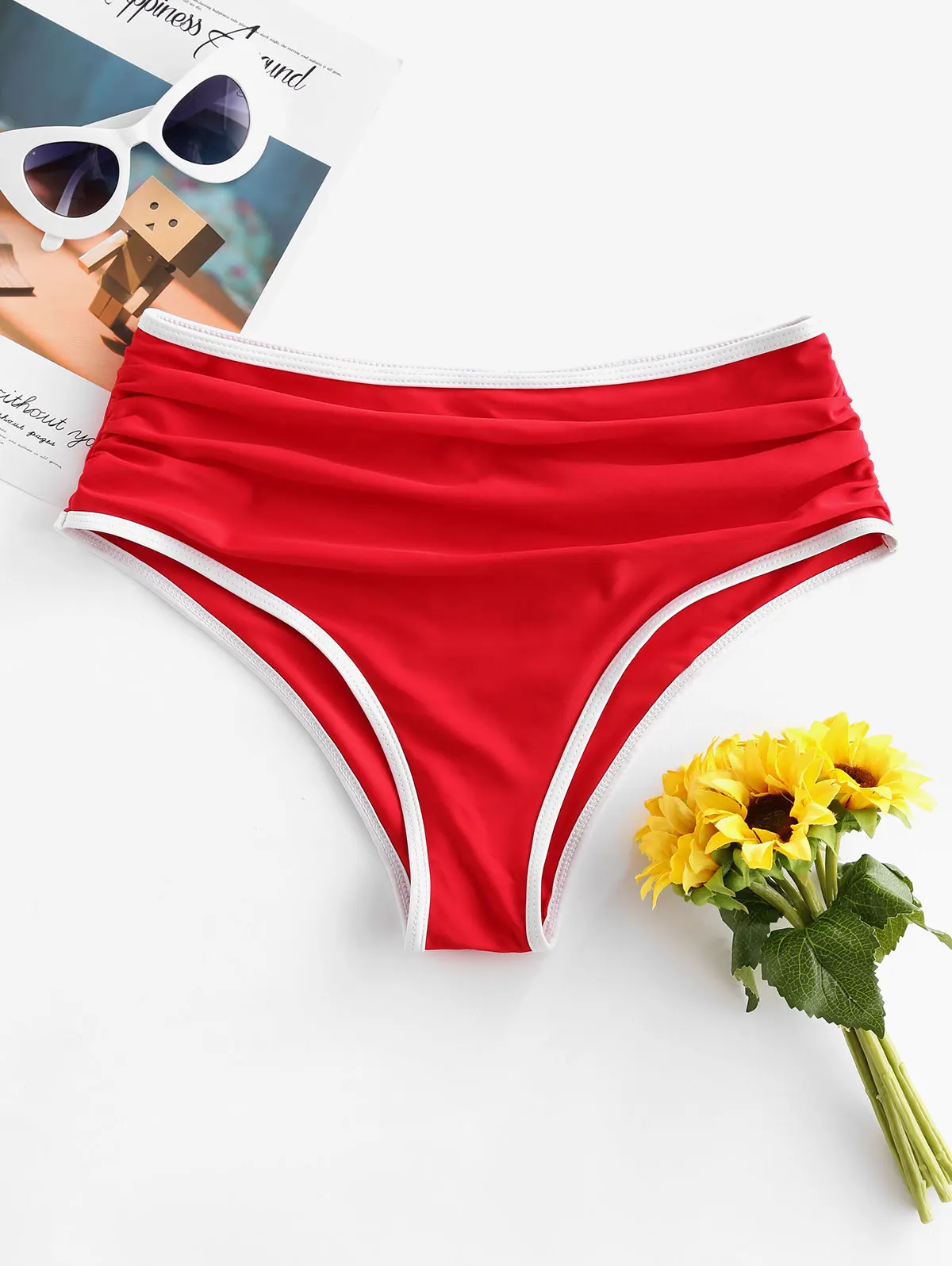 Плавки с высокой талией и рюшами и контрастной отделкой Zaful Размеры S-XXL