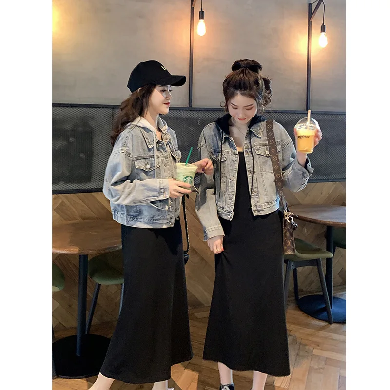 

Early Autumn New Style Korean-Style Joint Hooded Short Jeans Coat Women's 2019 Versatile Strap Dress Two-Piece Set Fashion
