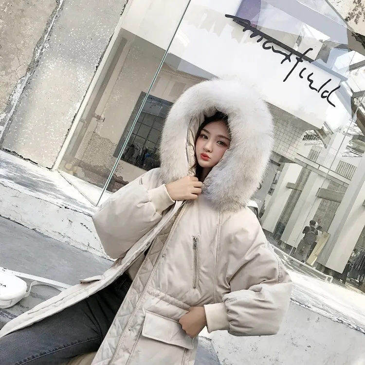 Зимний стиль корейский стиль Dongdaemun средней длины пуховик женский толстый большой меховой воротник приталенное пальто с большими карманами
