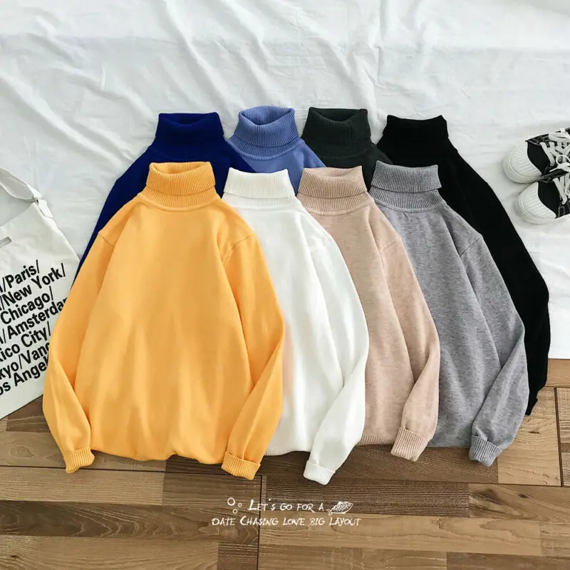 Jersey de cuello alto de manga larga para hombre, Jersey Regular de Color liso, cuello alto, con solapa de punto, marca de moda, nuevo, Invierno