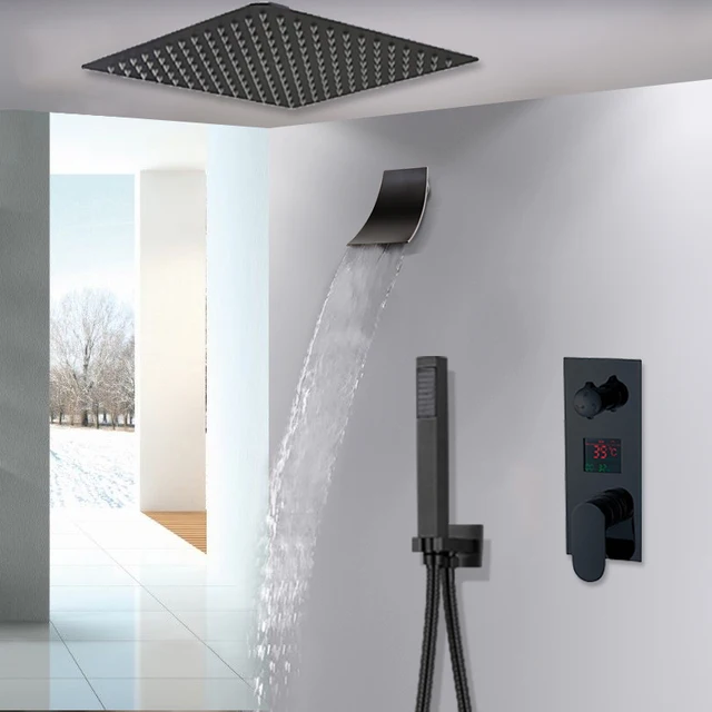 Black Concealed Rain Shower Faucet Digital Display Shower Tap Rotatable Spout Faucet Waterfall Spout Tap Ceiling Installation 1