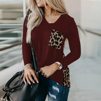 

Fashion Fall 2020 Women Clothing Long Sleeved T-shirt Autumn Stitching Street Style Leopard Print Stitching Women's T-shirt