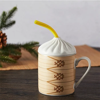 

Large capacity water cup Shanghai gift Xiaolongbao shape mug ceramic cup with lid bubble tea cup give away creativity