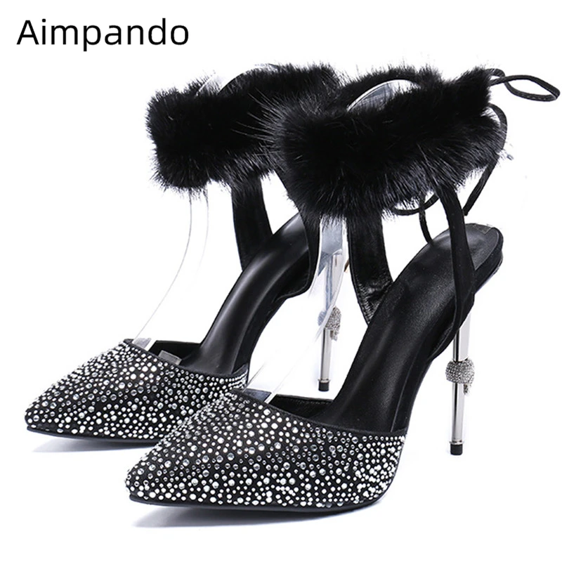 

Individual Metal Skull High Heel Party Shoes Woman Ankle Wrap Rabbit-hair Pointed Toe Luxury Drill Rhinestone Sandals Women