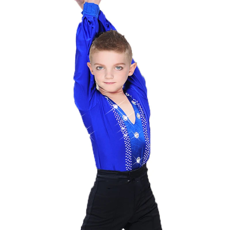 

2019 Boys Ballroom Dance Competition Shirts Royal Blue Latin Practice Wear Cha Cha/Ballroom Team Perform Latin Dance Tops VDB722
