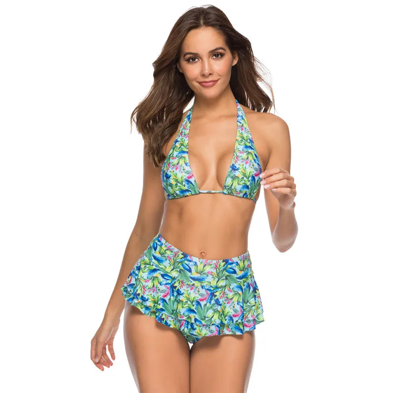 

2020 New 2 Piece Swimsuit Triangle Bikini Set Sexy High Waisted Skirt Leaky Back Color Print Beach Casual Swimwear for Women