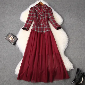 

New Spring Dress 2020 Elegant Designer Women Notched Collar Vintage Plaid Print Patchwork Mid Calf Tulle Office Party Dresses