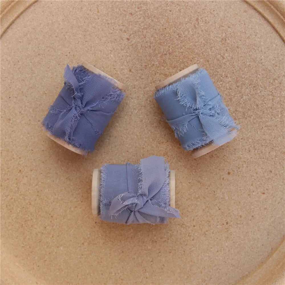 3 шт ручной работы потертая окантованная шифоновая шелковая лента с деревянной катушкой Flatlay Prop прозрачная лента с бахромой для свадебных приглашений букетов - Цвет: Blue Collection