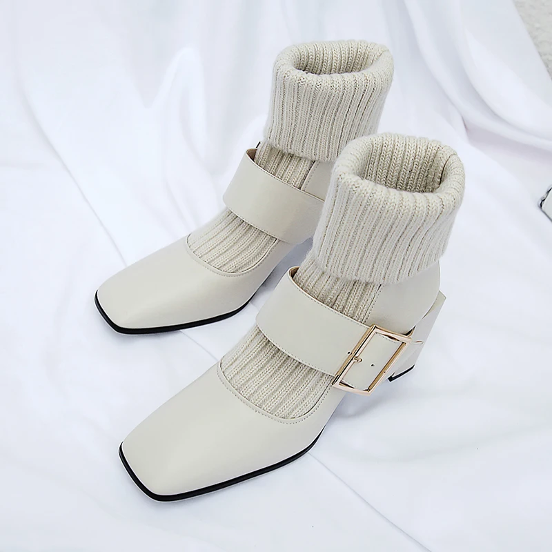 Boots Women Genuine Leather Mid-calf Boots Fashion High Heels Autumn Winter Party Prom Shoes Woman Office - Цвет: Белый