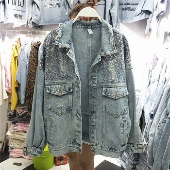 

Spring New Oversized Heavy work Sequins Loose Hole Washed Blue Denim jacket Women Single-breasted Jean coat Casual Bomber jacket