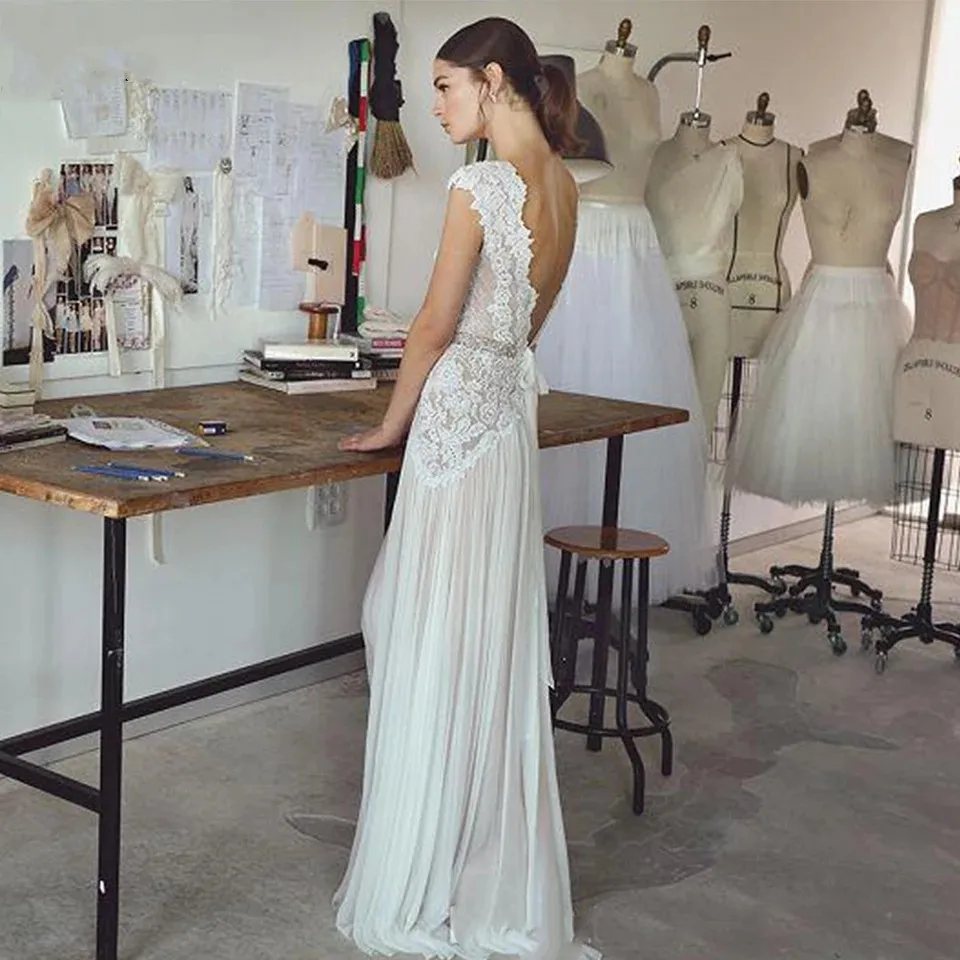 Boho Wedding Dresses 2025 Bohemian Wedding Gowns with Cap Sleeves V Neck Open Back Pleated Skirt Elegant A line Gown Customized 3