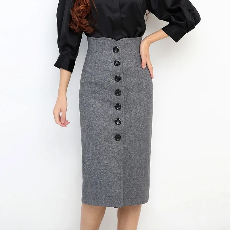2020 High waist bag hip skirt woolen autumn and winter breasted Casual  Knee-Length  Polyester  Solid  Knee-Length