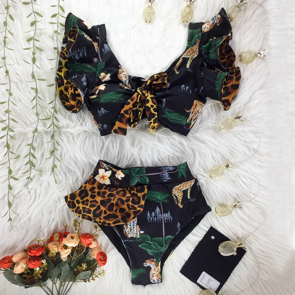 Padded-Bra Swimwear Bikini-Set Beachwear Bandage Bathing-Suit Ruffles Floral Two-Pieces