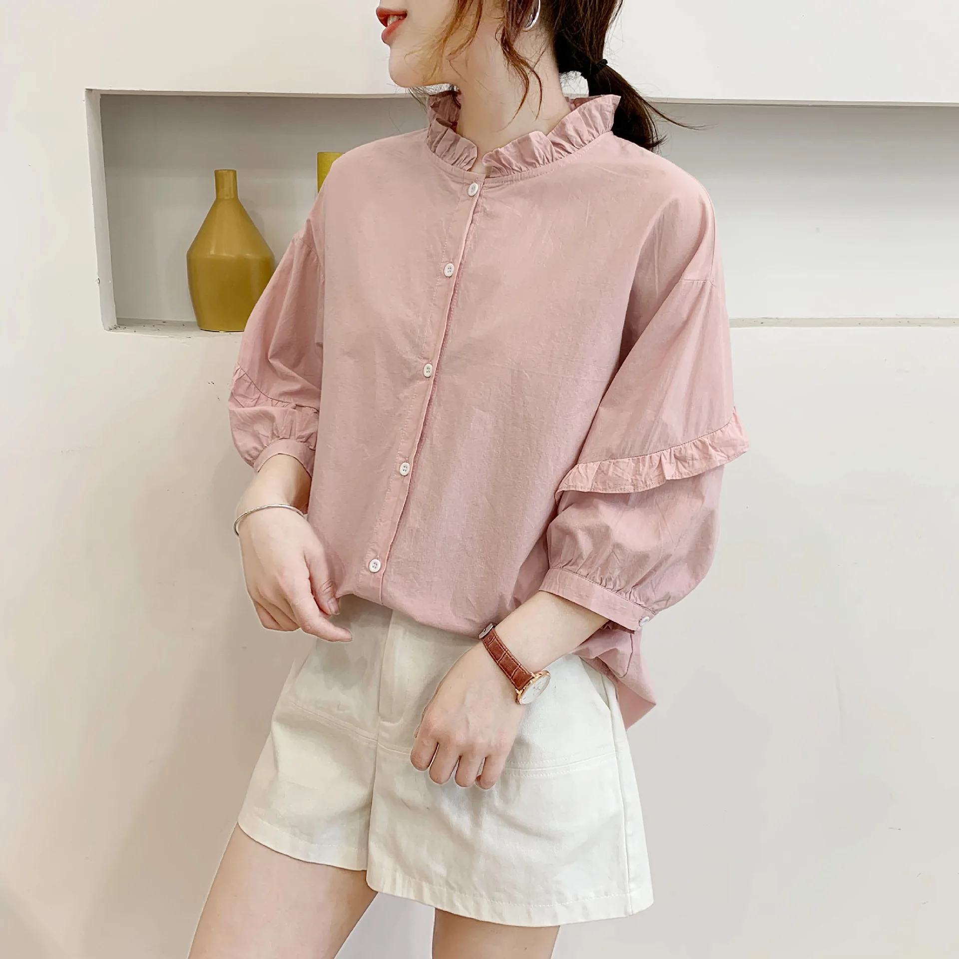 

New Summer Art Style Loose Shirts Women Fashion Simple Ruffles Patchwork Stand Collar Lantern Sleeve Loose Chic Blouses Feminina
