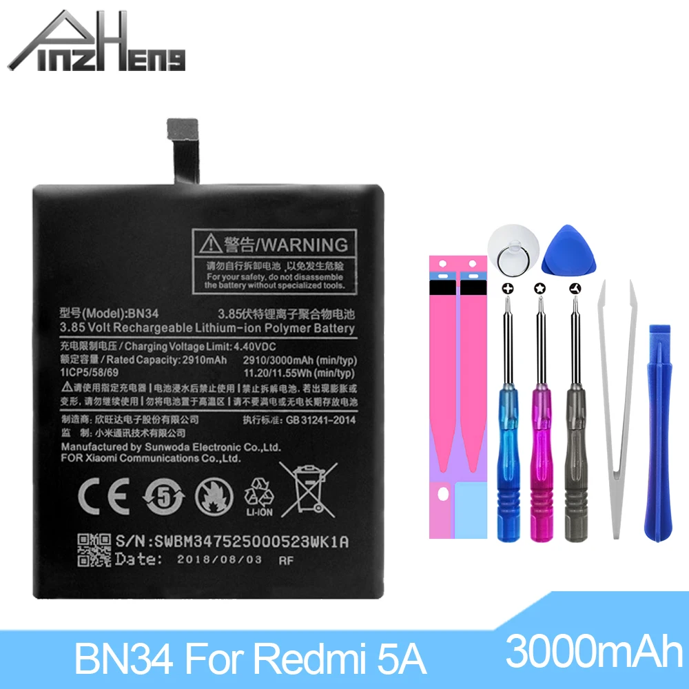 

PINZHENG 3000mAh BN34 Phone Battery For Xiaomi Redmi 5A Real Capacity High Quality Phone Replacement Batteries +Free Tools