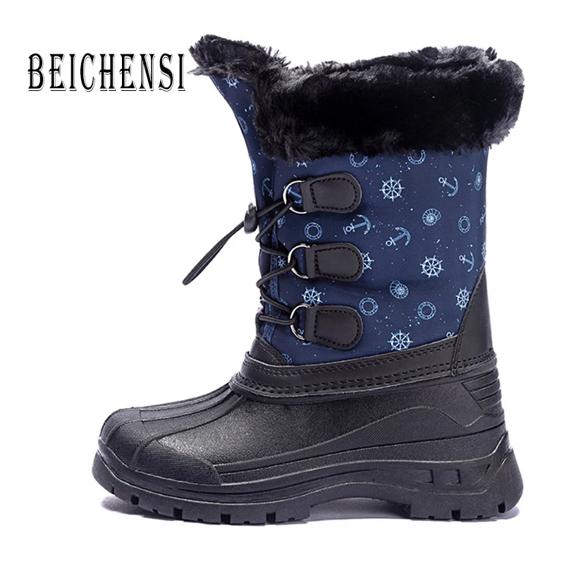 Blue Kid's Hiking Boots Faux Fur Rubber Duck Snow Boots Childre Waterproof Warm Fur Lined Outdoor Shoes for Boys Big Kids - Color: Blue