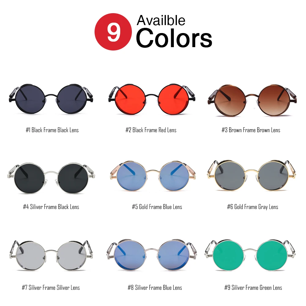 VIVIBEE Vintage Steampunk Red Sunglasses Men Round Punk