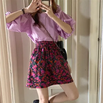 

Womens Skirt Clothing Short Skirts new Spring Summer Red floral High Waist Elastic Harajuku Vintage Streetwear Loose Chiffon