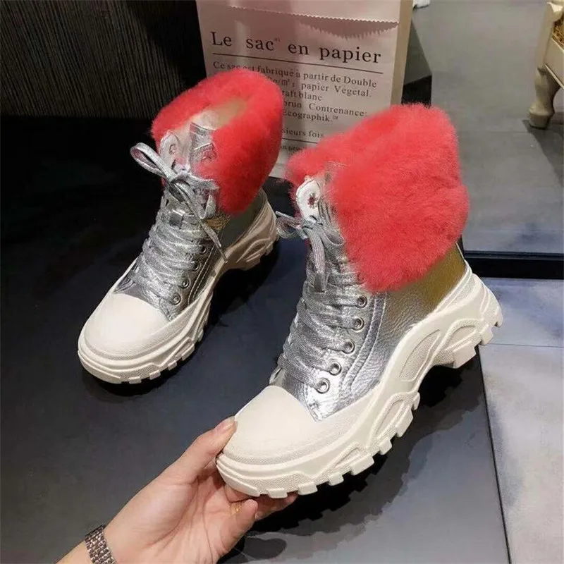 Winter New Wool Vulcanized Women's Boots Genuine Leather Platform Lace Casual Short Boots Fashion Comfortable Warm Cotton Shoes