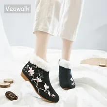 Veowalk/Винтажные женские парусиновые ботильоны на плоской подошве с цветочной вышивкой; женские удобные зимние черные ботинки на меху; большие размеры