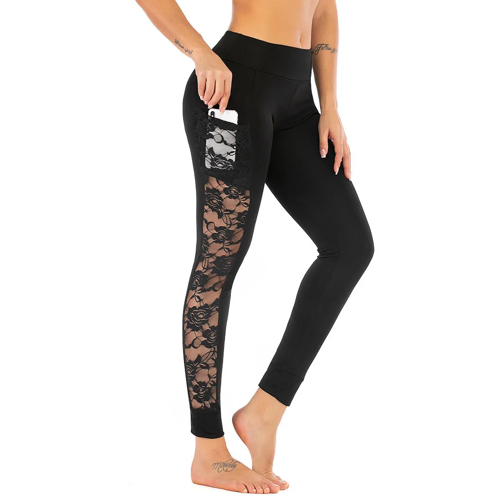 Mallas de cintura alta para mujer, medias para mujer con encaje elástico y costuras, bolsillo para teléfono móvil, Leggings casuales a la moda, # YL5