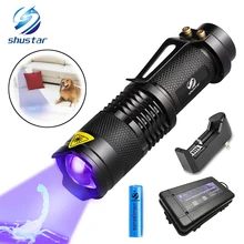 Luz ultravioleta uv da lanterna com função do zumbido mini uv preto luz manchas de urina do animal de estimação detector uso do escorpião aa/14500 bateria