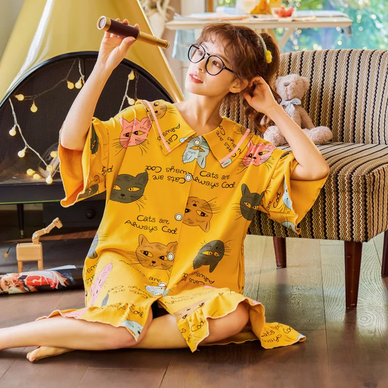 

SIMISI Plus Size Women Nightdress Cotton Print Turn-down Collar Sleepwear Cardigan Buttons Knee-Length Summerhome Clothes