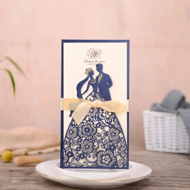 

1pcs Sample Blue Laser Cut Wedding Invitations Card Bride and Groom Greeting Card with Ribbon Married Wedding Party Decoration